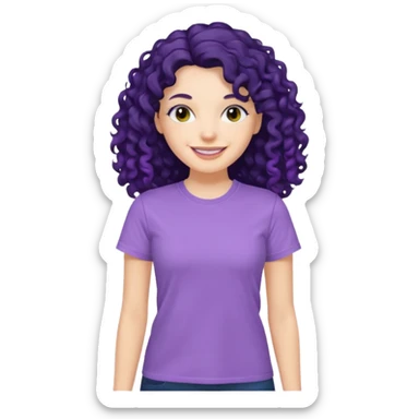mujer blanca con cabello largo rizado negro sonriendo con camiseta lila sticker