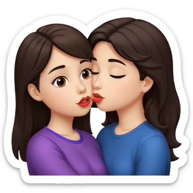 A girl kisses her friend The girls' hair color is dark brown.  sticker