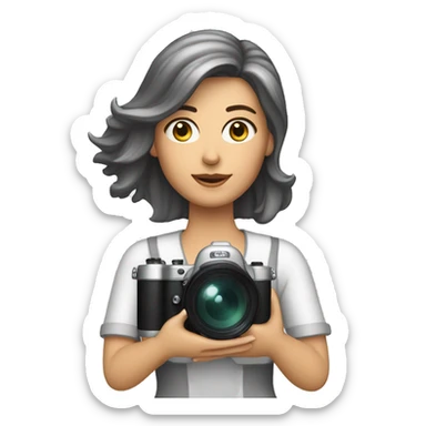 White film director woman holding a cinema camera. Change the woman to an armenian woman wil silver streaks in the front of her hair. sticker