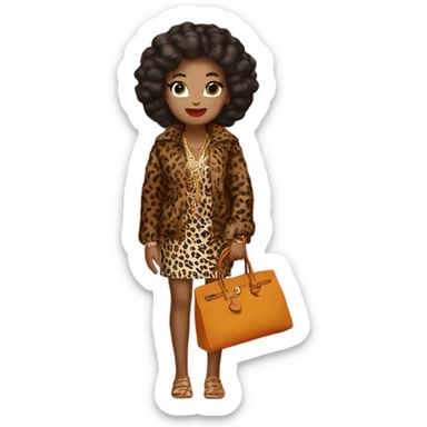 hello kitty wearing leopard printed clothes with hermes bag sticker