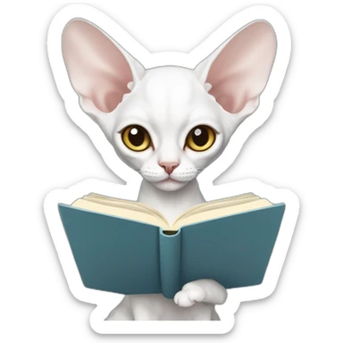 Slim white devon rex with grey-blue eyes reading book sticker