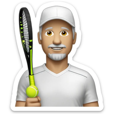 Tennisplayer white male in his 50s, gray hear, white cap with tennis raquet and tennis ball sticker
