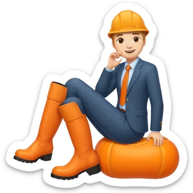 Office worker kneeling and kissing a large orange boot sticker