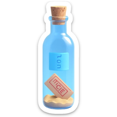 blue ticket rolled up inside a transparent bottle with cork on sand sticker