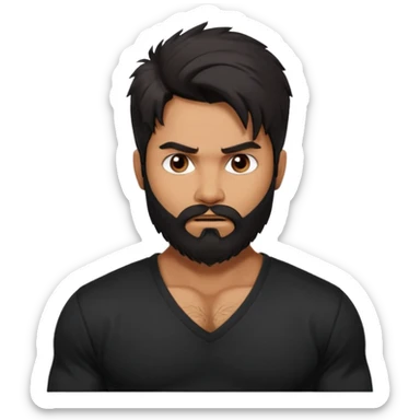 generate a pretty bratz Shahid kapoor with heavy beard and looking angry.
Make him wear a black full sleeve v neck tshirt. muscular but still lean
He shoudl look exactly like Shahid kapoor. Long messy black hair sticker