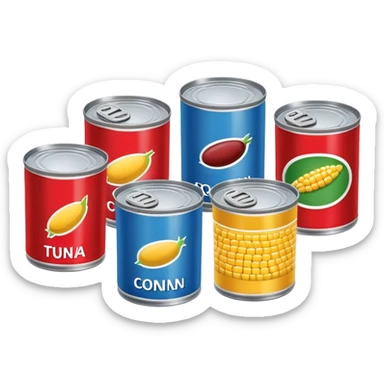 Four different canned food items in a row, soup can, beans can, corn can, tuna can sticker