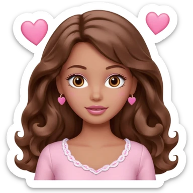 Barbie girl brown long wavy hair and brown eyes is In pale pink clothes There are pink hearts all around sticker