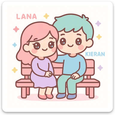 Lana and Kieran as a couple, sitting together on a park bench, in a cozy storybook style sticker