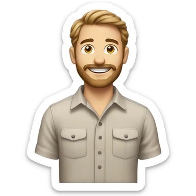 Man with light skin, Caucasian, shoulder-length wavy light brown hair, beard, mustache, friendly smile, wearing a casual button-down shirt. sticker