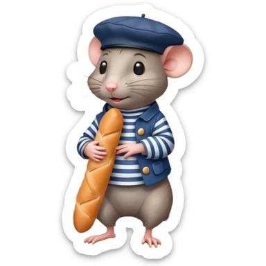 Rat wearing a beret and striped shirt holding a baguette with Eiffel Tower in background sticker