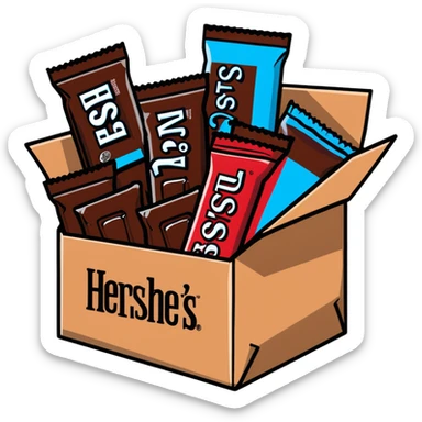 cardboard box full of wrapped Hershey's chocolate bars sticker