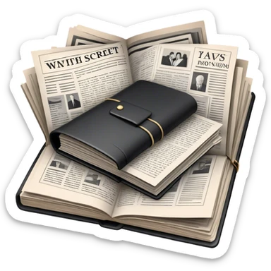 Icon for Non-Fiction & Narrative Reading: an open book with black-and-white photos on the pages, surrounded by a pile of newspaper clippings, and an open folder with top-secret documents. The icon should reflect the blend of real stories and facts in non-fiction literature. Transparent background. sticker
