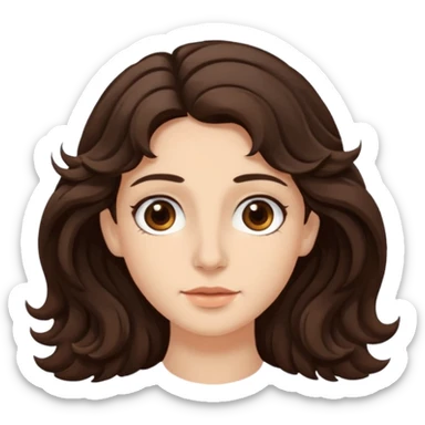 Meduim tone fair skin , brown wide eyes , thick dark brown hair wavy , greek nose ,  sticker