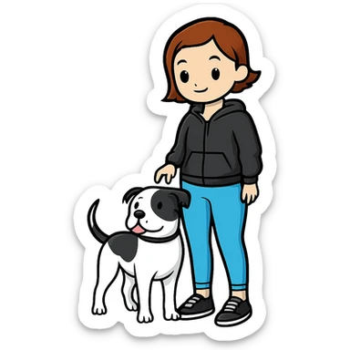 Make the pitbull black and white while keeping the woman and the overall style the same. Remove the background. sticker