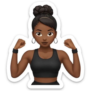 Uma mulher preta com 1 coque alto e roupa preta de academia e fazendo pose mostrando o músculo de um dos braços sticker