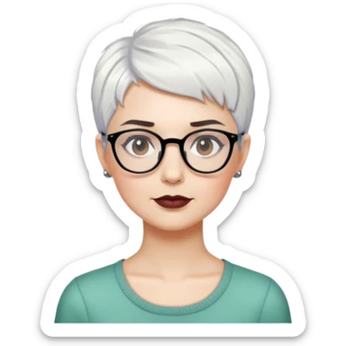 White woman with short pixie white hair glasses, dark brows sticker