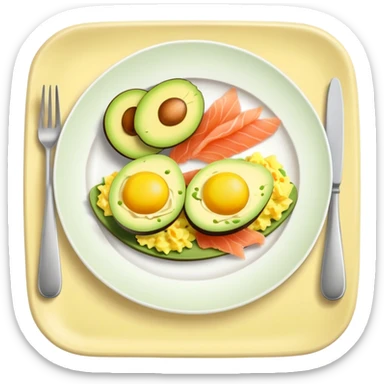 plate with sliced avocado, scrambled-eggs and smoked salmon sticker