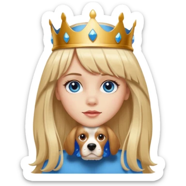 simple Blonde girl with bangs, long straight seductive hair and blue eyes, and a simple crown. giving cockerspaniel energy head only sticker