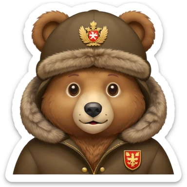 Cute brown bear in Russian fur ushanka hat with coat of arms pin, front view, iOS emoji style sticker