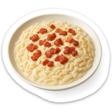 A plate of risoni, topped with small pieces of bacon with cream sticker