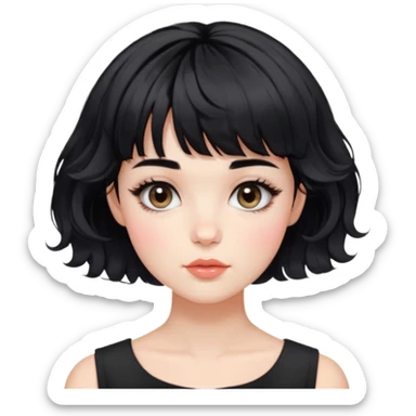 Gorgeous french woman short french haircut tousled wavy hair short straight across baby bangs black hair Amelie Beautiful Blushing Petite Girl with beautiful hair aesthetic sticker