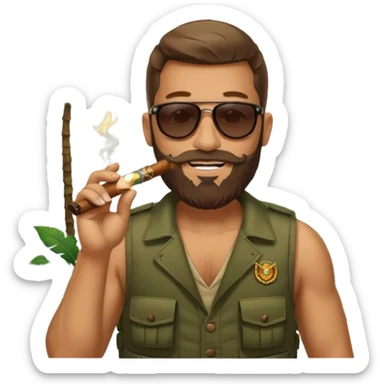 brauny vested sunglasses bearded jungle commando smoking a cigar with a grin sticker
