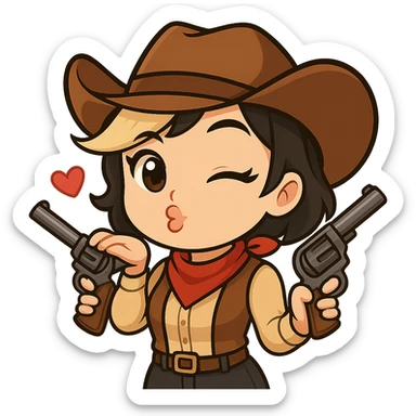 Edit the chibi cowgirl to have eyes matching the style of the new reference image: large, brown, and with a more classic anime shine. Keep the pose, winking and blowing a kiss expression, outfit, right gun, and all other details unchanged. Transparent background, sized for Twitch or Discord use. sticker