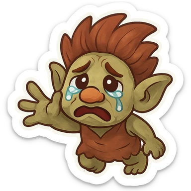 animated emoji of a troll reaching out for help, sad face, exaggerated features, fun and friendly sticker