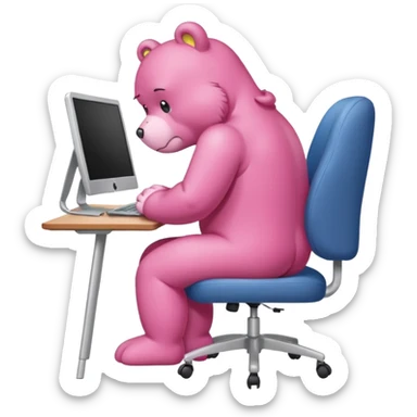 Pink Care bear sad in suit back view, sit on a chair, working on a computer, with a big desk sticker