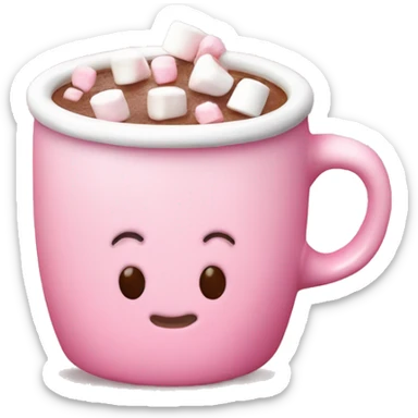 Pink mug filled with hot chocolate topped with heart shaped marshmellows sticker