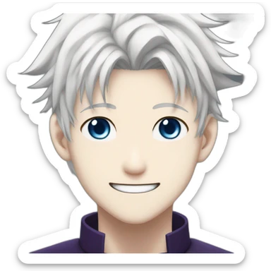 Satoru Gojo with his blue eyes,long medium white hair, a big friendly smile, dark violet uniform from jujutsu kaisen sticker