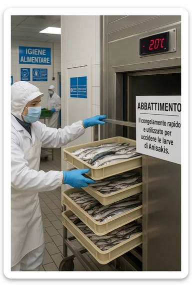 a fish processing facility where freshly caught fish are placed on trays and moved into a large industrial freezer. A temperature gauge shows -20°C, and an educational label explains that rapid freezing (abbattimento) is used to kill Anisakis larvae. The background includes workers in protective clothing and clear signage about food safety. in italiano sticker