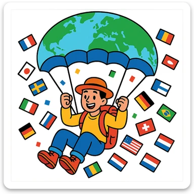 A cheerful traveler descending with a world map parachute, colorful country flags around, contemporary style, bright colors. sticker
