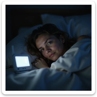 hyperrealistic 4K image of new mother at night, illuminated by baby monitor glow, dark circles under eyes, surrounded by safety devices, anxious and exhausted, safe nursery sticker