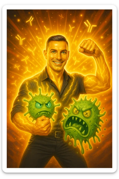 Un uomo atletico (30-40 anni) dalla pelle perfettamente liscia, senza cicatrici o imperfezioni, che emana un leggero bagliore dorato (metafora degli anticorpi).
Occhi brillanti con riflessi blu-verdi (simbolo di salute estrema).
Postura eroica, con un braccio sollevato in un gesto di forza, mentre con l'altro tiene un batterio gigante schiacciato come se fosse un mostro sconfitto. sticker
