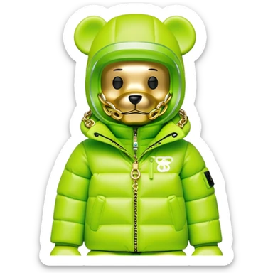 professionally designed bearbrick collectible with precise proportions, lime green balaclava with seamlessly integrated reflective visor lens, high-end branded puffer coat with rich fur collar and prominent designer logo, detailed gold chains, hypebeast aesthetic sticker
