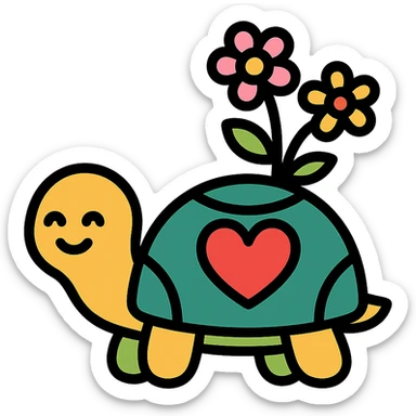 icon color outlined turtle with a heart and flowers, Mother's Day icon sticker