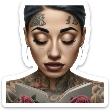 Hyper Realistic Beautiful tattooed woman crying looking at a photo  sticker