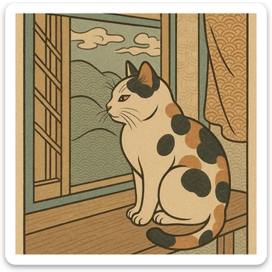 ukiyo-e style illustration of a cat sitting on a windowsill sticker