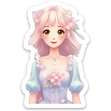 Gorgeous pastel anime style lady with blushing face with flower petals around cute dress  cottagecore fairycore pastelcore shiny colorful pearly petite simplistic aesthetic trending style sticker