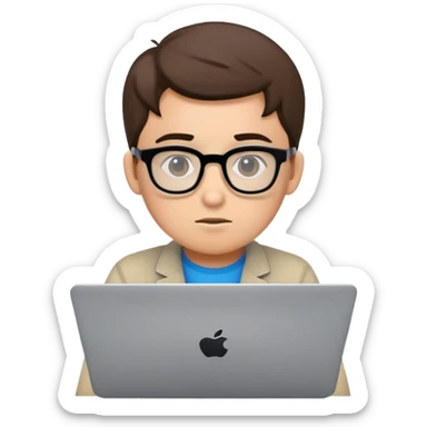 Junior IT Specialist with small laptop, glasses, looking inexperienced, with basic coding skills sticker