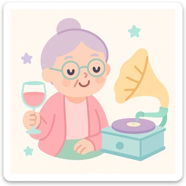 old lady with wineglass listening to gramophone sticker