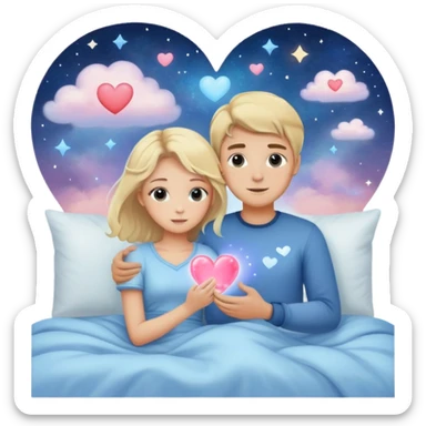 Sweet dreams a blonde man in a very  comfy bed with blue and Pastel clouds and an delicate  galaxy with a girl sending a heart elegant  sticker