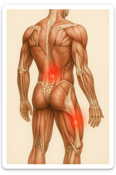 corpo umano anatomico con mal di schiena e al ginocchio, iperrealistico 4k sticker