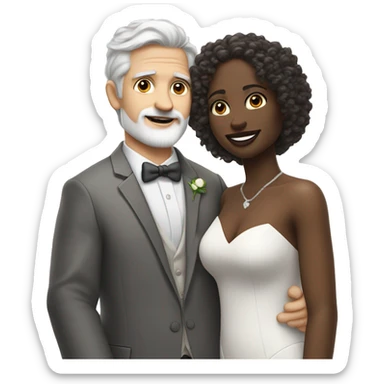 A pale white man with grey hair and with a goatee has just married, with a black woman with shoulder length curly 
brown hair and a brown complexion. They have a lot of money. they are hugged sticker