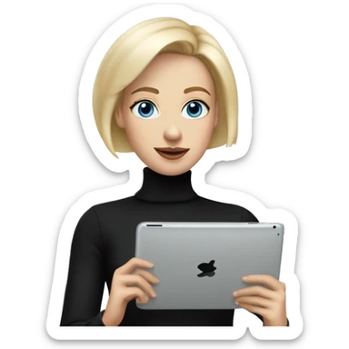 women with short blond hair, blue eyes wearing black turtleneck, holding and ipad sticker