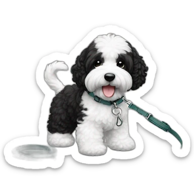 mini black and white ausssiedoodle on a leash sticker