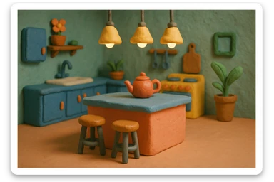 kitchen room with island counter, hanging lights, and plants in claymation style sticker