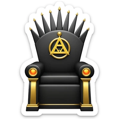 wide big iron black Illuminati throne with gold trim and glowing Illuminati symbol sticker