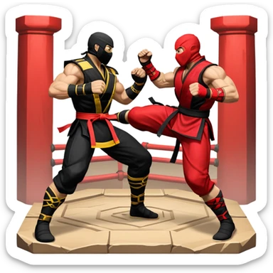 An icon showing two fighters in combat poses, inspired by Mortal Kombat. One character delivers a powerful kick, while the other blocks. The background features an iconic arena from the game with life bars at the top, symbolizing intense battles. Transparent background. sticker